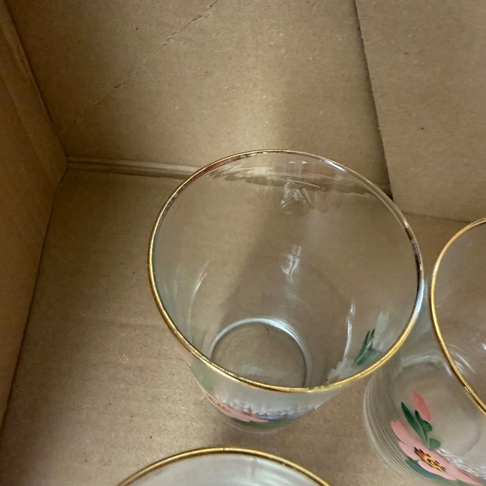 Vintage‎ Handpainted German Ballendorf Floral Glass Tumblers Gold Rim Set of 4